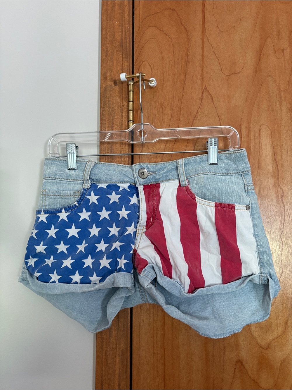 lei Women's Flag Patch Denim Shorts in Red & Blue